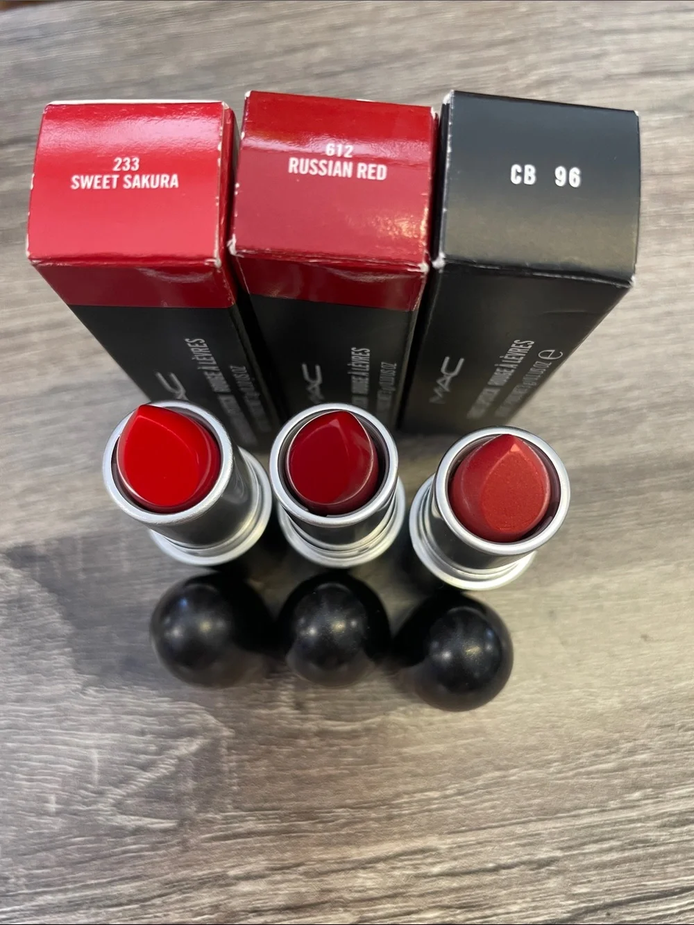 MAC Cosmetics Lipstick Set — Bright Red, Classic Cherry, Coral Orange